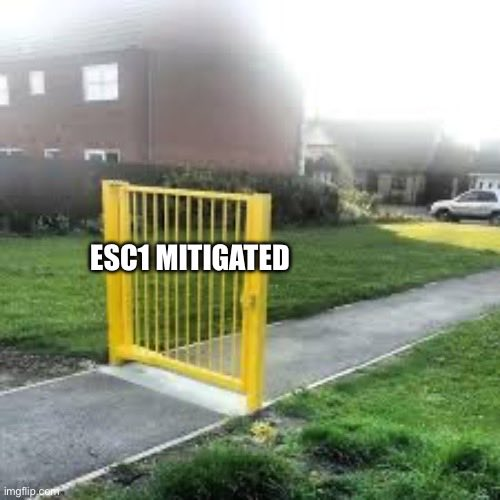 A gate on a walkway, labelled with 'ESC1 mitigated'. Left and right of the gate, there is no fence, just grass where one could easily walk over.