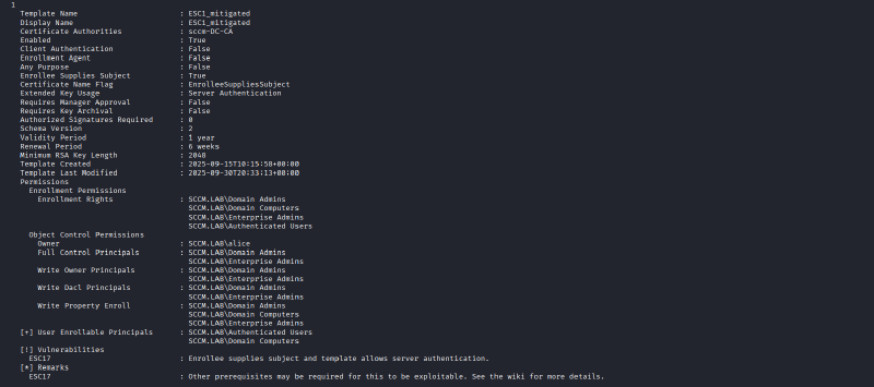 Screnshot showing the output of the modified certipy, indicating a template vulnerable against &ldquo;ESC17&rdquo;.